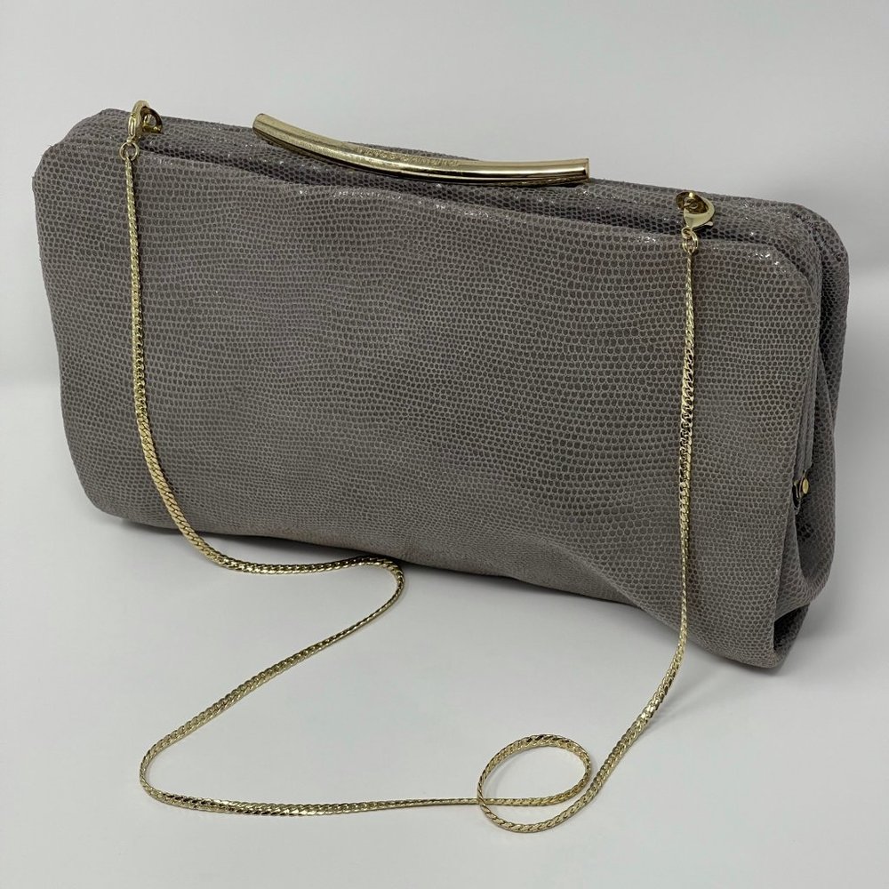 VINCE CAMUTO, ELLA GRAY REPTILE LEATHER SHOULDER BAG WITH CHAIN STRAP